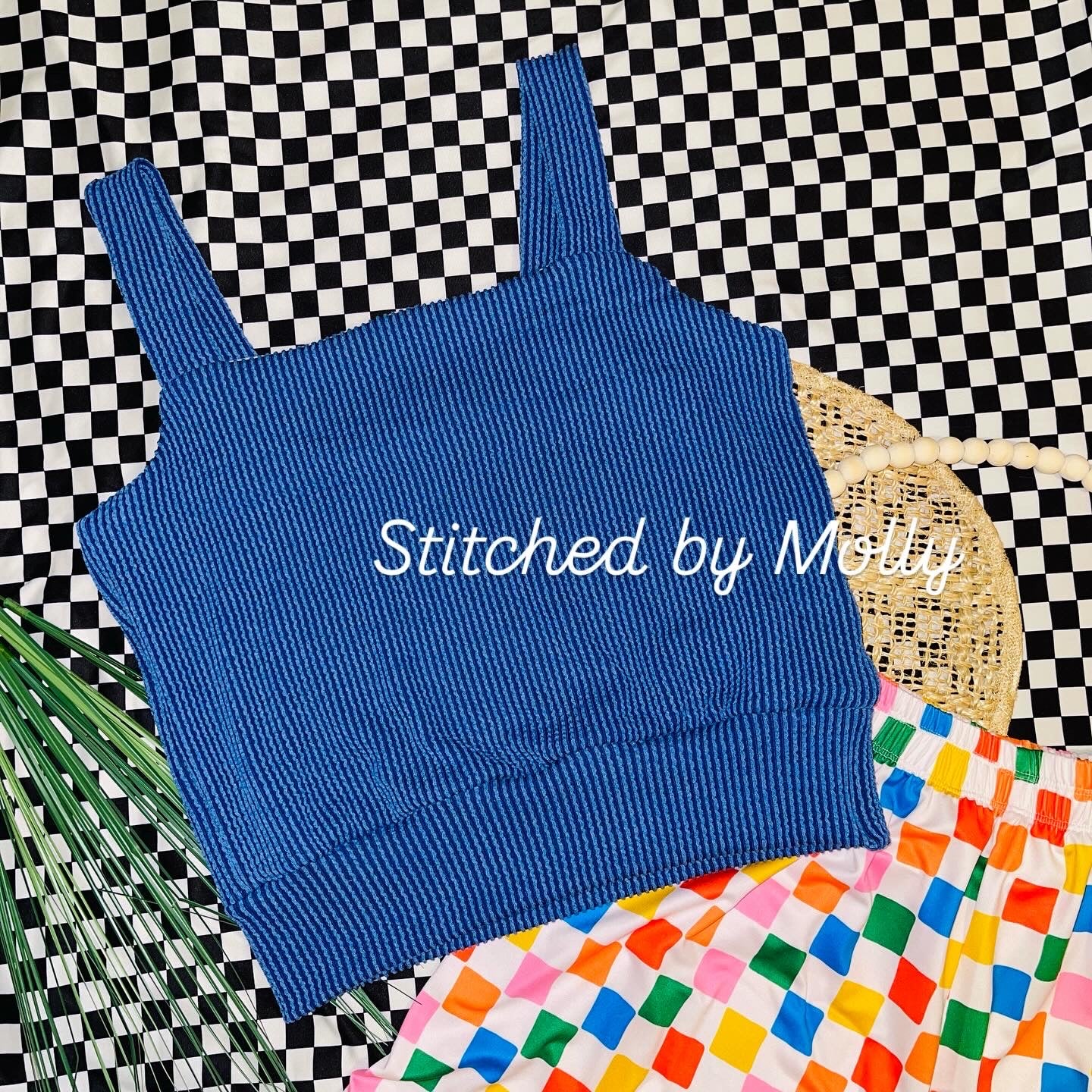 L/XL seaside garden checkered shorts (L) and blue urban rib margot crop top with an added waistband (XL) RTS set