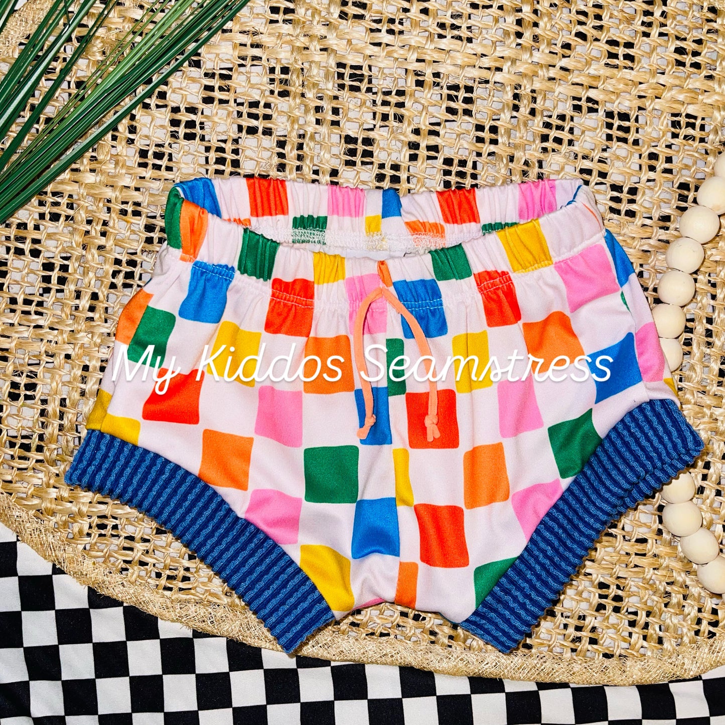 9/12m seaside garden checkered shorties RTS