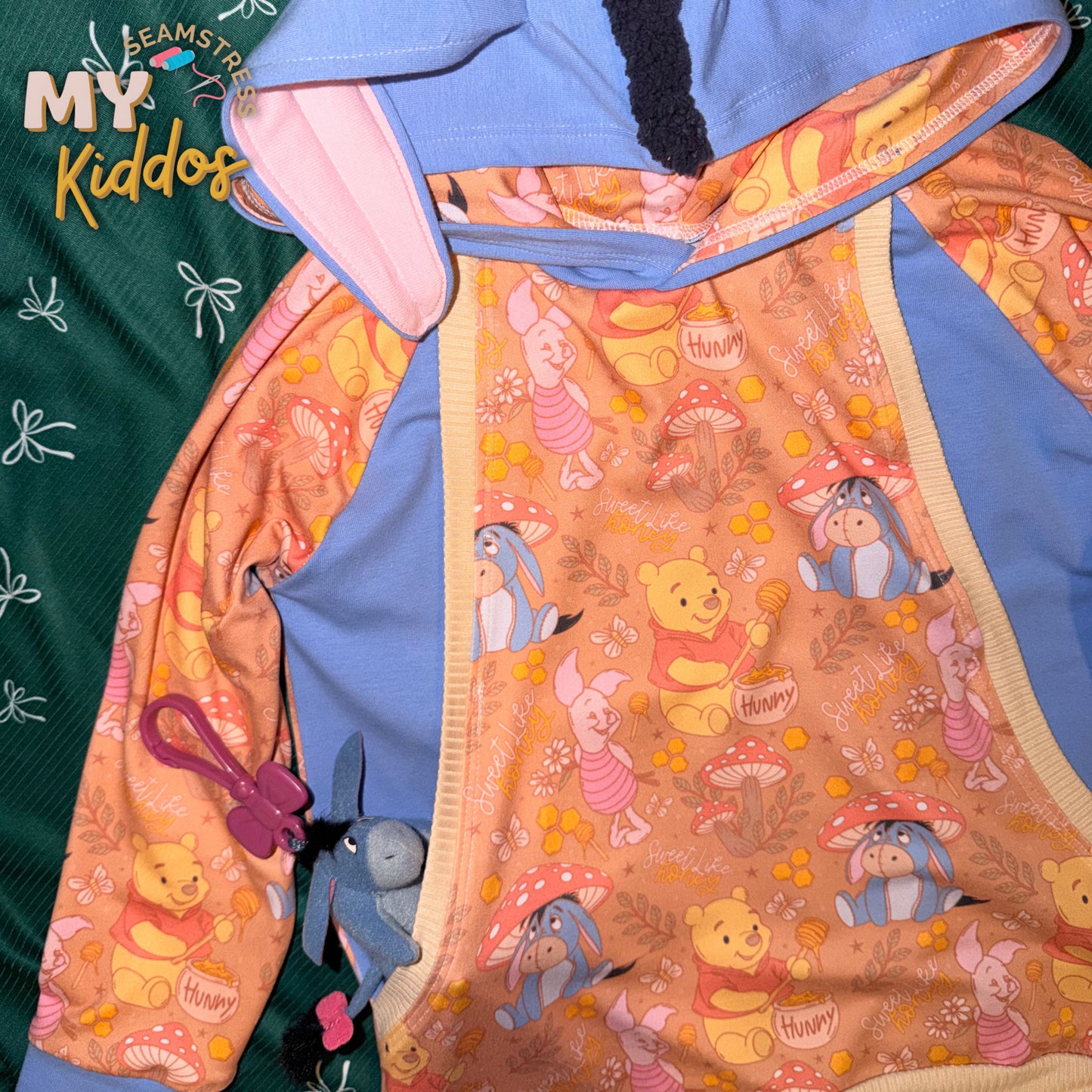 tori- eyesore: 5T hoodie with eeyore ears and tail add on Measurements keep in mind it is stretchy Pit to pit: 14.5" flat Shoulder to hem: about 18" Sleeve pit to end sleeve band: 13" rts