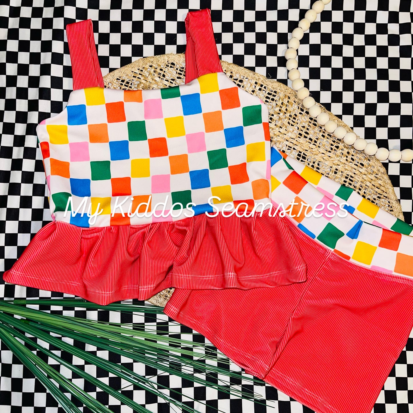 size 8 seaside garden checkered margot top and biker shorts set SWIM RTS