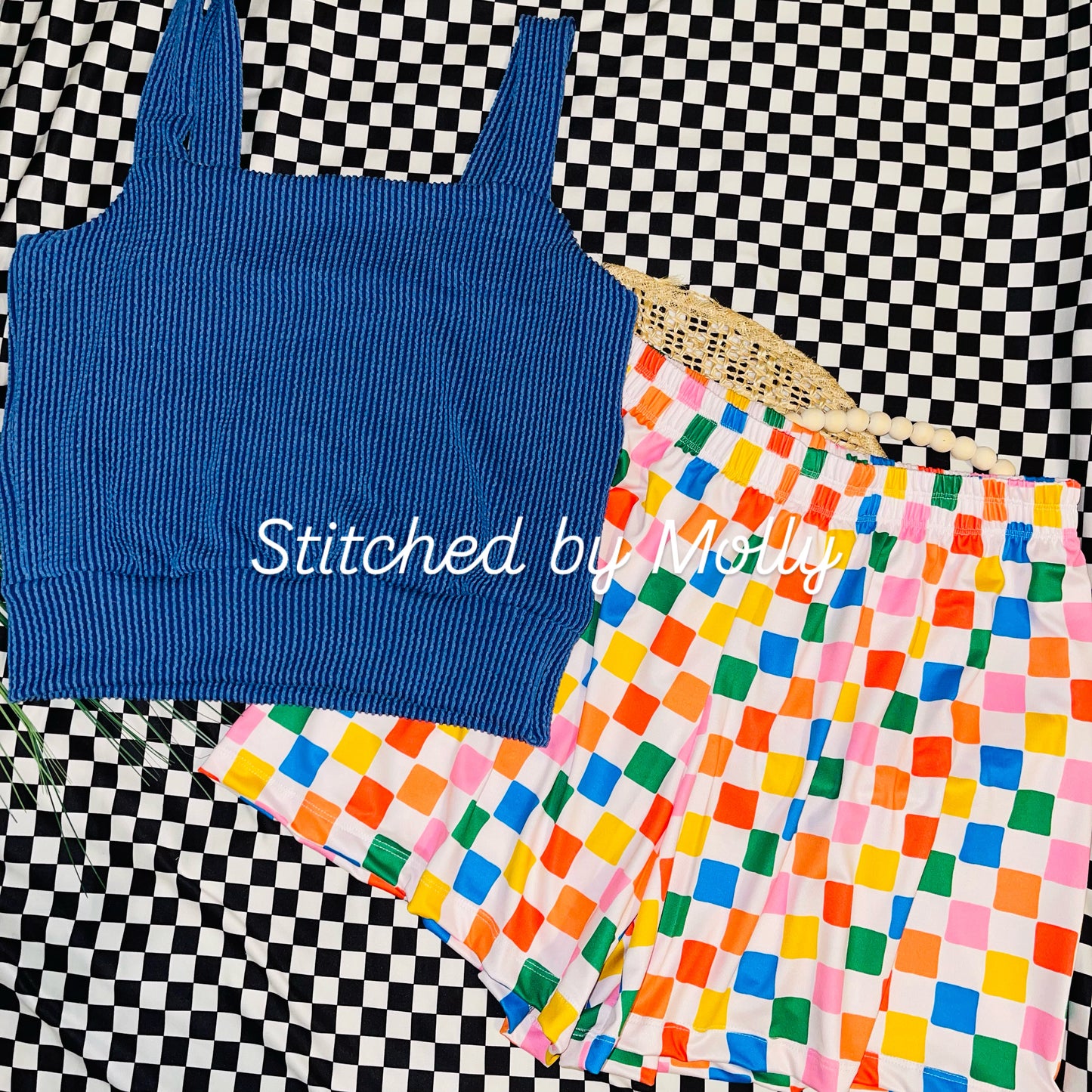 L/XL seaside garden checkered shorts (L) and blue urban rib margot crop top with an added waistband (XL) RTS set