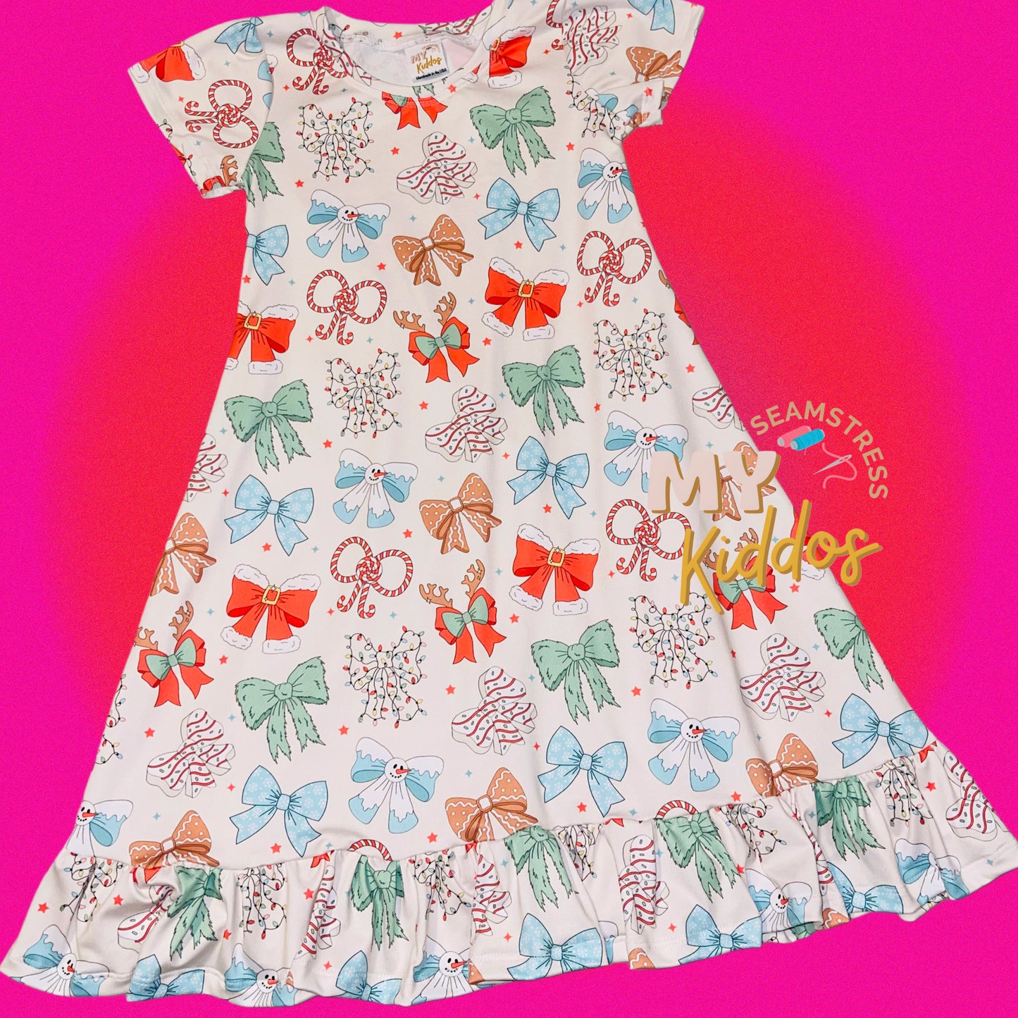 CHRISTMAS BOWS: SS SWING DRESS WITH AN ADDED RUFFLE 20 BD TAT