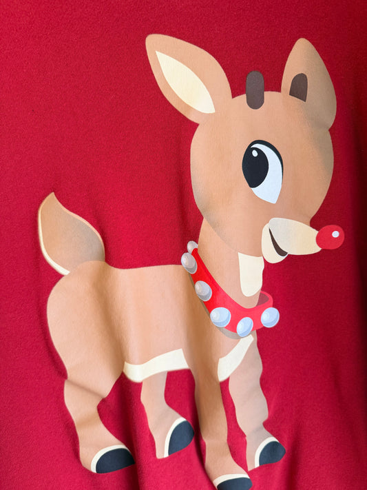 leigha- red nose reindeer upcycle: size 7 LS swing dress cut at tunic length and add ruffle to bottom hem and sleeves hem.
