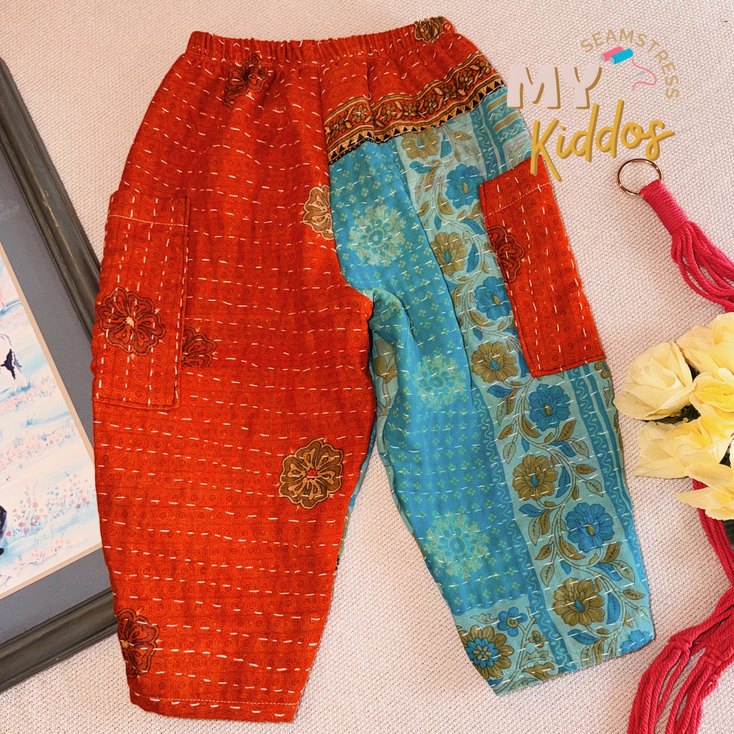 Size 5T Kantha upcycled HANDMADE barrel pants with pockets rts