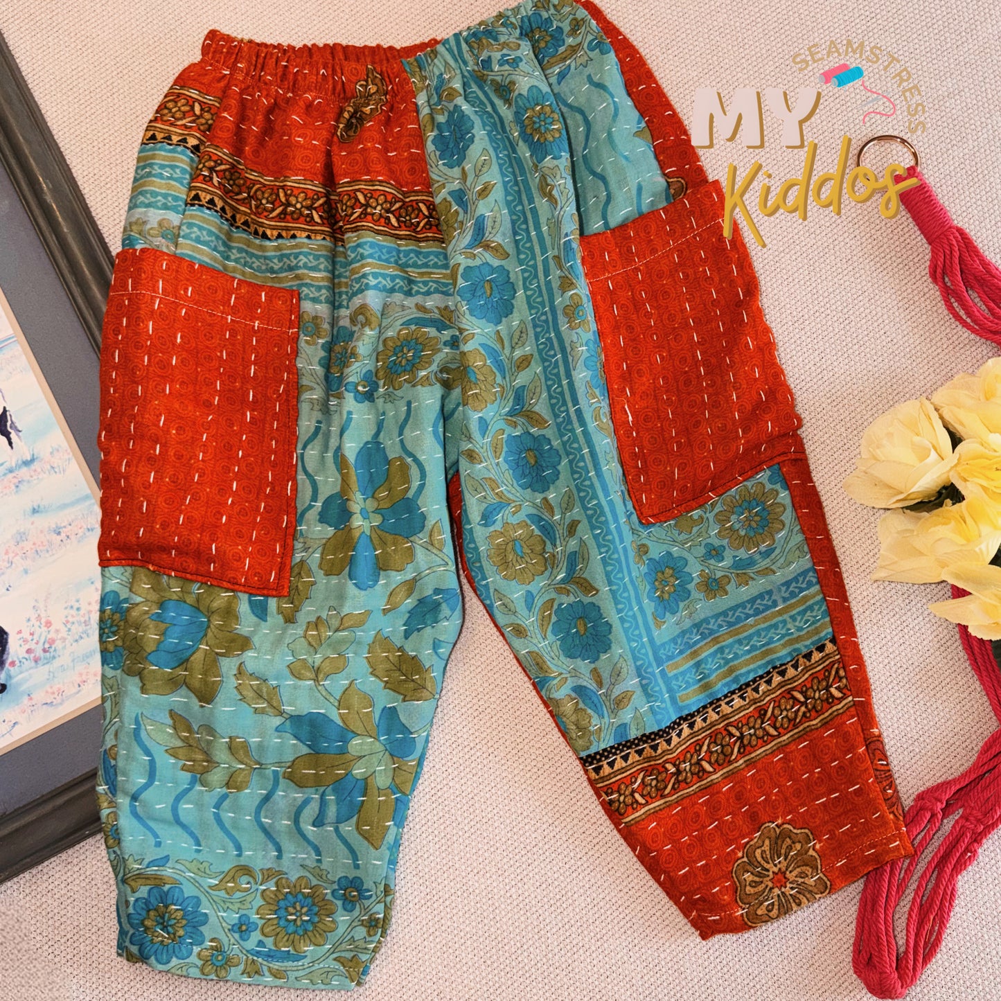 Size 5T Kantha upcycled HANDMADE barrel pants with pockets rts