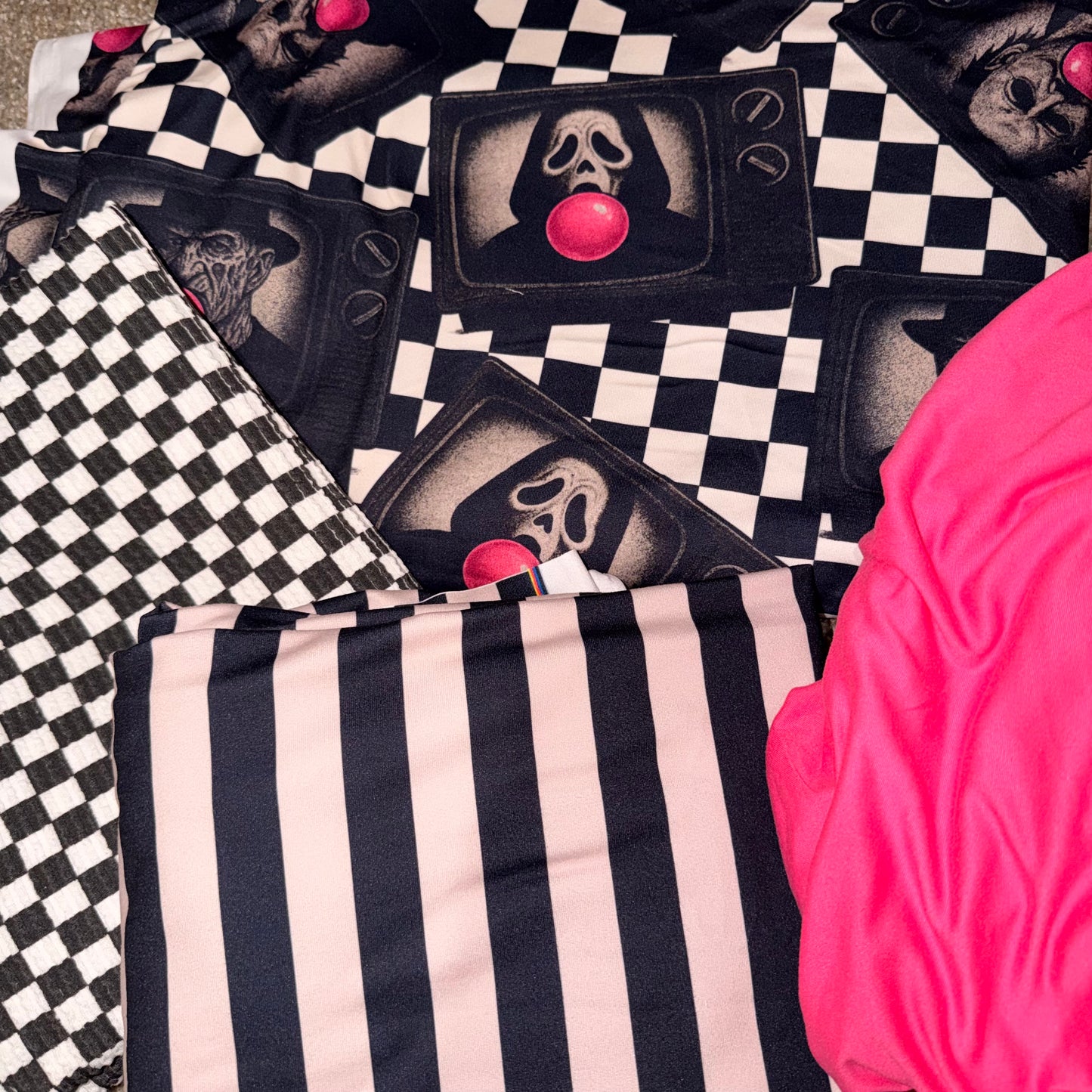 Katie- bubble gum horror guys fabric: size XL long sleeve patchwork top