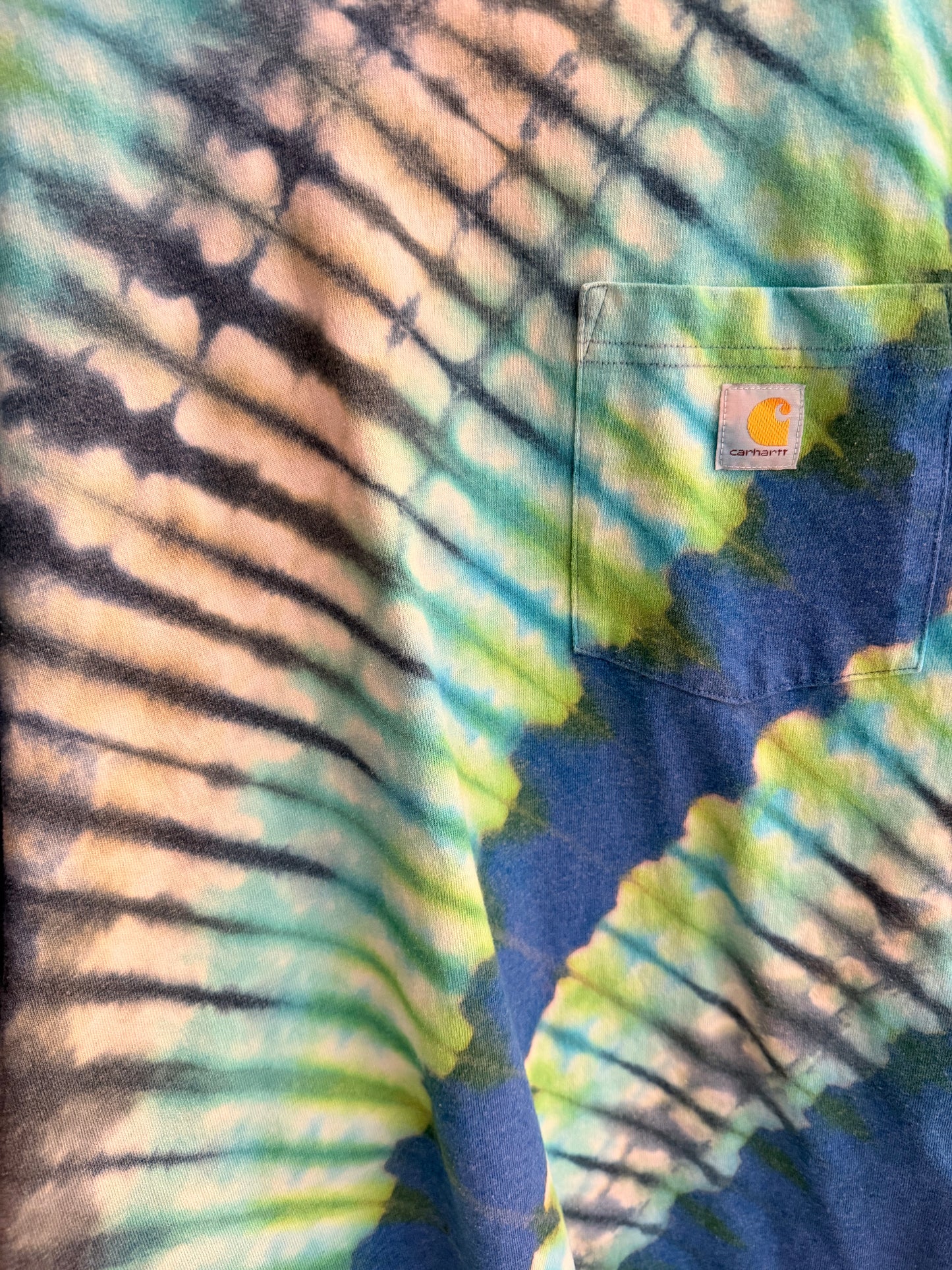 Ashley- tie dye carhartt upcycle: size 8 ss swing dress tunic length add length back in ruffle relocate pocket to chest. green dbp coord shown in comment