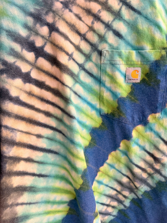 Ashley- tie dye carhartt upcycle: size 8 ss swing dress tunic length add length back in ruffle relocate pocket to chest. green dbp coord shown in comment