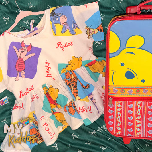 katelyn- pooh: 2T upcycled dress Measurements: Pit to pit- 15" flat Shoulder to bottom hem- 17.5"
