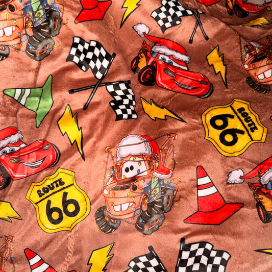 Tori- Christmas cars minky: 3T blanket hoodie checkered bands and pocket