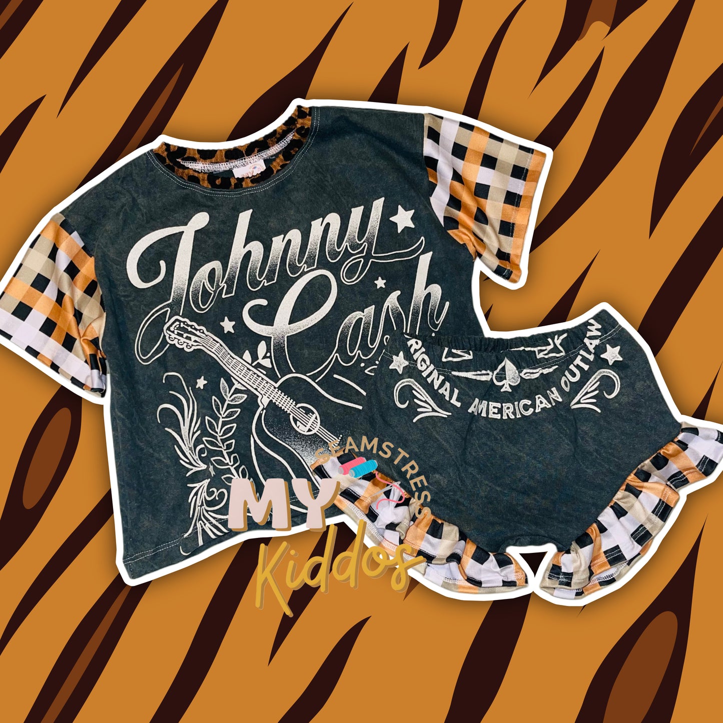 2T johnny cash upcycled set oversized tee & ruffles shorties RTS